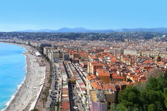 Panoramic view of Nice coastline and old town, France