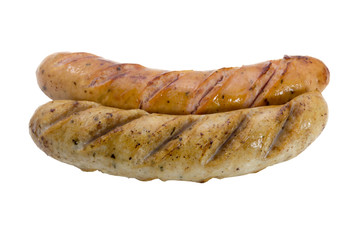 Grilled smoked sausages isolated on white background