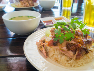 Chicken rice with radish soup and chrysanthemum tea in gourmet, Thai Food 