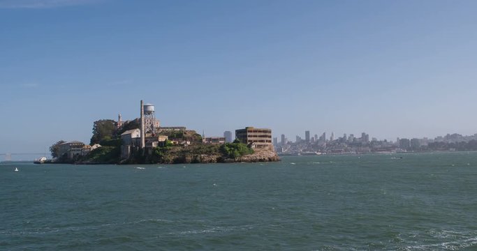 Alcatraz Island seen from boat approaching it.
