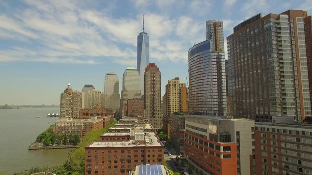 Flying around Lower Manhattan with new world trade centre building in the middle.New York city aerial filming