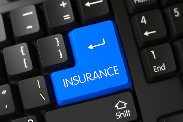Insurance Concept: Black Keyboard with Insurance on Blue Enter Button Background, Selected Focus. Insurance Key on Computer Keyboard. 3D Illustration.