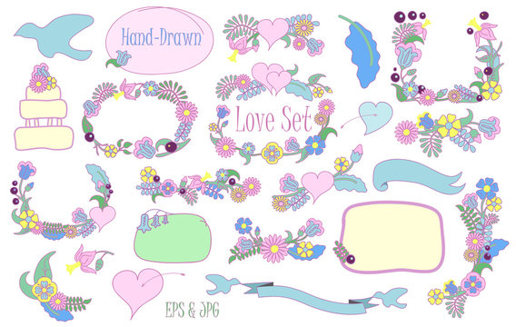 Hand-drawn floral set vector clipart on white background