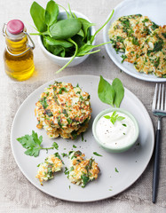 Cabbage and spinach pancakes with yogurt dressing