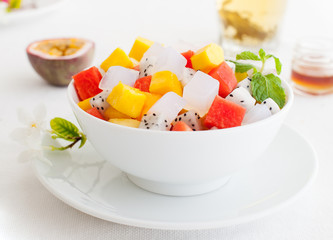 Bowl of fresh exotic fruit salad Healthy breakfast