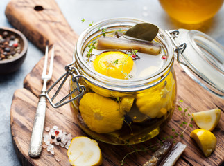 Marinated yellow pattypan summer squash, eggplant