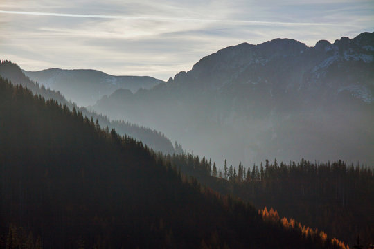Mountain foggy horizon landscape in Zakopane