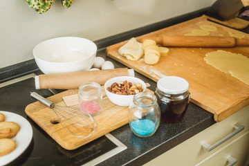 Fototapeta na wymiar Kitchen with ingredients for baking lying on working table