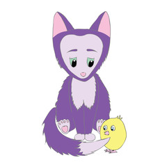 Little cute animal fox and chicken. Cartoon, shy, sad animal foxand chicken. Animal fox with big ears. Purple Fox and a yellow chick.
