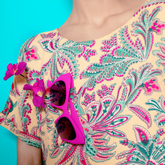 Stylish accessory sunglasses and fashionable summer print. Brigh