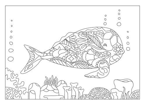 Whale and corals adult coloring page vector illustration