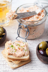 Smoked salmon and cheese spread, pate, crackers 