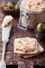 Smoked salmon and cheese spread, pate, crackers 