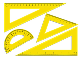 Triangle rulers and protractor, rulers marked in centimeters and inches