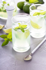 Refreshing cold cocktail with mint and limes