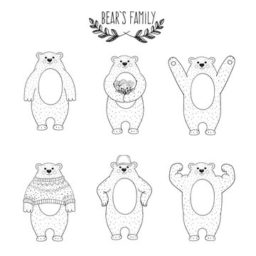 Set of cute bears. Hand drawn illustration. Vector Isolated.