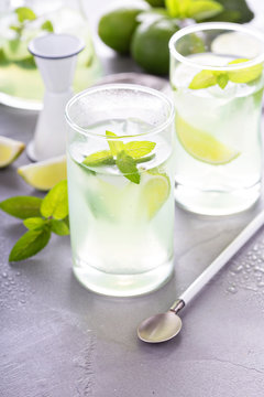 Refreshing cold cocktail with mint and limes