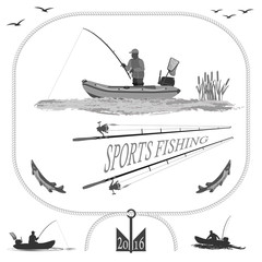 A fisherman in a boat fishing, silhouette. A rubber boat top and side, near Spinning and landing net. fish called Pike.
  totally vector illustration
