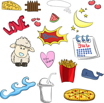set of cute stickers sheep, heart, boom, fries, Chinese, coffee, month, watermelon, calendar