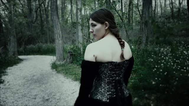 Dream like sequence of renaissance woman walking through woods at dawn.