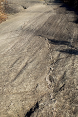 Glacial grooves in granite schist bedrock, legacy of the last ice age, in Case Mountain Park, Manchester, Connecticut.