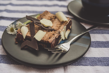 Piece of chocolate cake on a plate