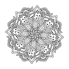 Round element for coloring book. Black and white floral pattern. Vector illustration.