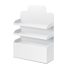 White POS POI Cardboard Blank Empty Displays With Shelves Products. On White Background Isolated. Mock Up Template Ready For Your Design. Product Packing Vector EPS10