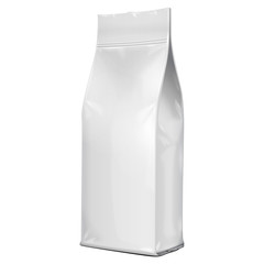 Foil Paper Food Bag Package Of Coffee, Salt, Sugar, Pepper, Spices Or Flour, Folded, Grayscale. On White Background Isolated. Mock Up Template Ready For Your Design. Product Packing Vector EPS10