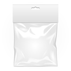White Blank Plastic Pocket Bag. Transparent. With Hang Slot. Illustration Isolated On White Background. Mock Up Template Ready For Your Design. Vector EPS10