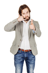 portrait of bearded businessman standing and making call me gest