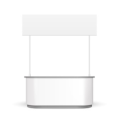 White POS POI Blank Empty Retail Stand Stall Bar Display With Roof, Canopy. On White Background Isolated. Mock Up Template Ready For Your Design. Product Packing Vector EPS10