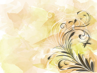 Corner of abstract black floral ornament on yellow background watercolour brush strokes