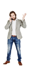 bearded businessman with cell phone.  human emotion expression a