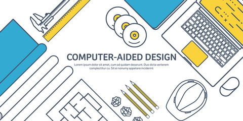 Lined, outline. Vector illustration. Engineering and architecture. Notebook, software. Drawing, construction. Architectural project. Design, sketching. Workspace with tools. Planning, building.