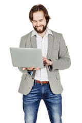 bearded businessman with laptop computer.  human emotion express