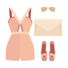 Set of trendy women's clothes with overall and accessories. Vector illustration