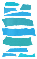 Collection of isolated pieces of teal blue torn paper