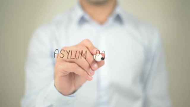 Asylum Policy , man writing on transparent screen