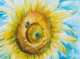 Fototapeta premium Close up of sunflower with bee .Picture created with watercolors.