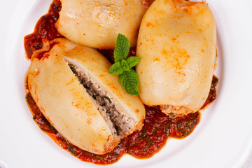 Squid Stuffed with Meat and Vegetables. View from above