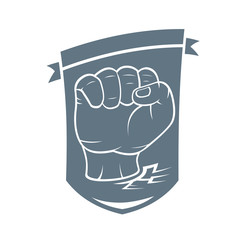 A clenched fist held high in protest. Vector Illustration (label, stamp).