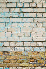 Background of old vintage dirty brick wall with peeling plaster, texture