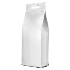 Foil Paper Food Bag Package With Handle. Coffee, Salt, Sugar, Pepper, Spices Or Flour, Grayscale. On White Background Isolated. Mock Up Template Ready For Your Design. Product Packing Vector EPS10