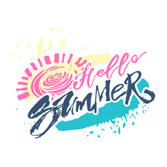 Naklejka premium Hello summer hand lettering ink drawn motivation poster.