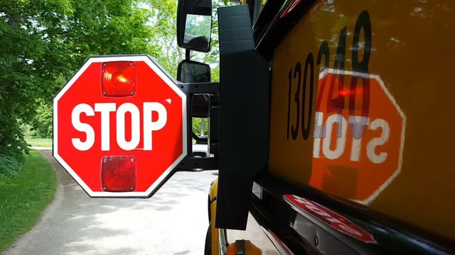 A school bus stop sign opening and closing