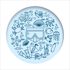 Diving icons set with fish and equipment
