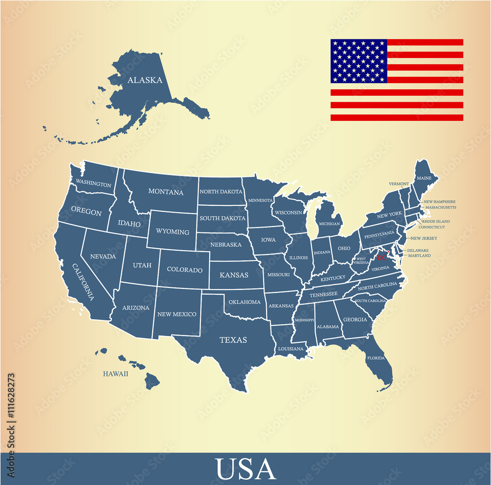 Wall mural usa map vector outline with united states flag vector outline and us states borders and names, capit