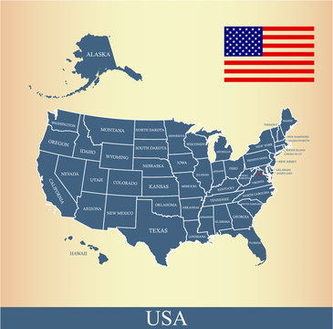 USA map vector outline with United States flag vector outline and US states borders and names, capital location and name, Washington DC, in a creative design