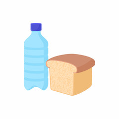 Bottle of water and bread icon, cartoon style